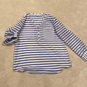 Calvin Klein white and blue stripe zip v-neck top
